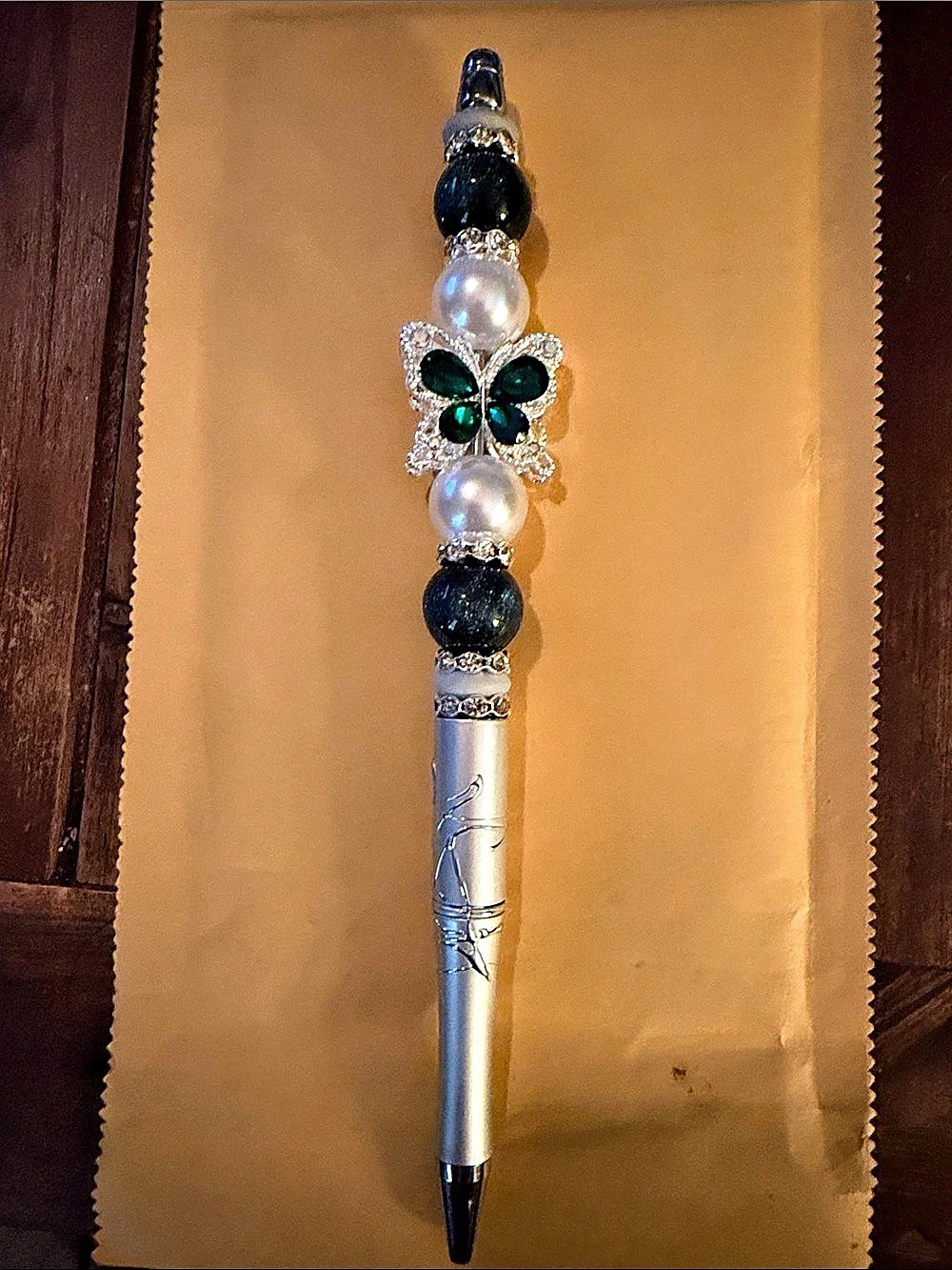 Decorative Butterfly Beaded Pen in Silver & Blue
